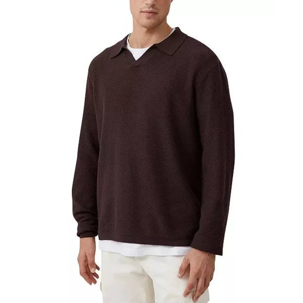 Cotton On‎ Men's Brown Cotton Textured Knit Long Sleeve Polo Sweater Large